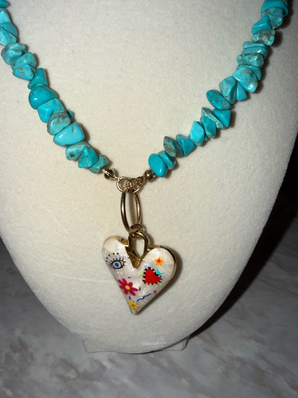 Turquoise Chip Bead Necklace with Heart Pendant - Women Jewelry - Picture 4 of 4